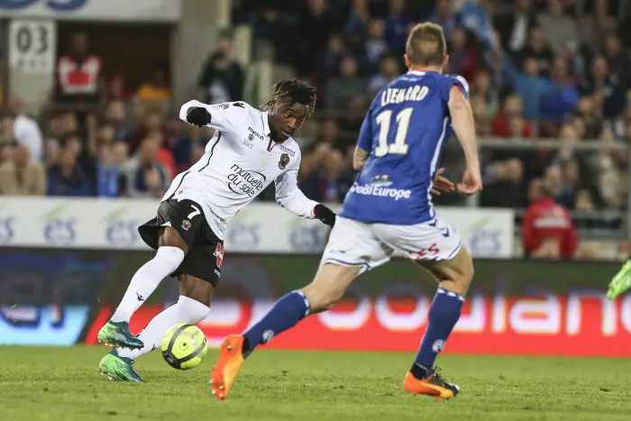 Saint-Maximin Allan 7; Nice. 
during the French L1 football match between Strasbourg (RCSA) and Nice (OGC) on April 28, 2018 at the Meinau stadium in Strasbourg, eastern France.