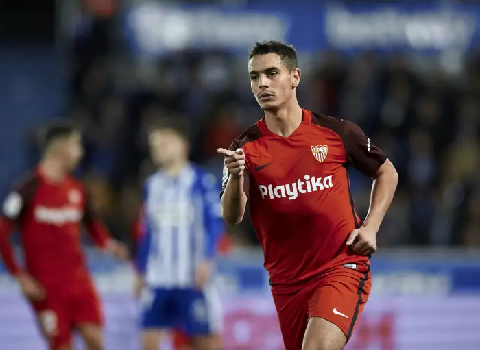 Vitoria, northern Spain, Sunday, December, 02, 2018. (9) Wissam Ben Yedder celebrates goal during the Spanish La Liga soccer match between Deportivo Alaves and Sevilla F.C at Mendizorroza stadium.