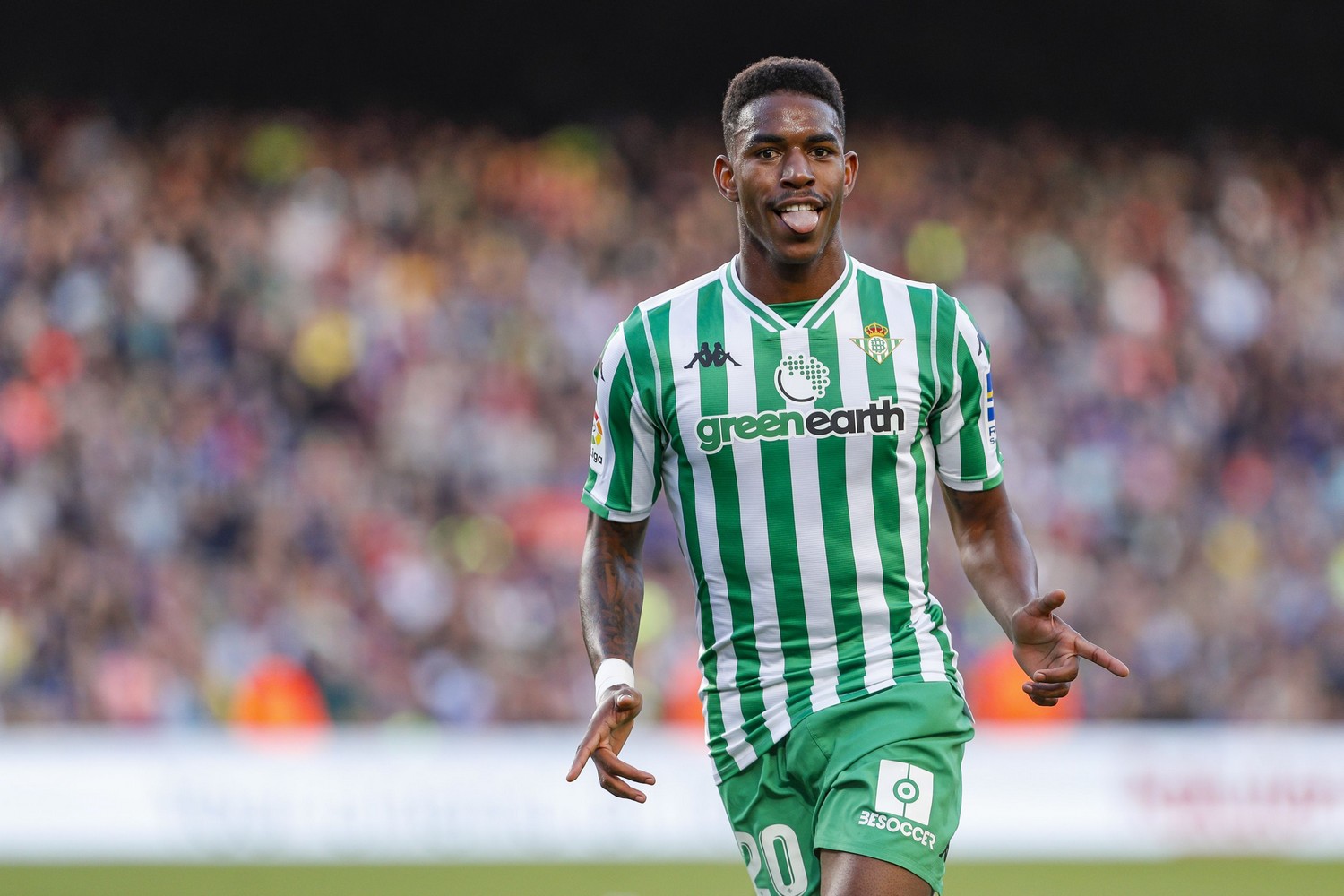 Real Betis Balompie defender Junior Firpo (20) celebrates scoring the goal during the match FC Barcelona against Real Betis Balompie, for the round 12 of the Liga Santander, played at Camp Nou  on 11th November 2018 in Barcelona, Spain. (Photo by Mikel Trigueros/Urbanandsport/NurPhoto via Getty Images)