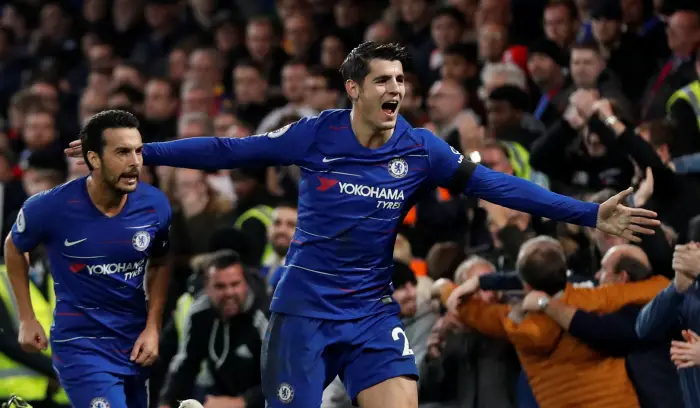 Chelsea's Alvaro Morata celebrates scoring their first goal with Pedro
