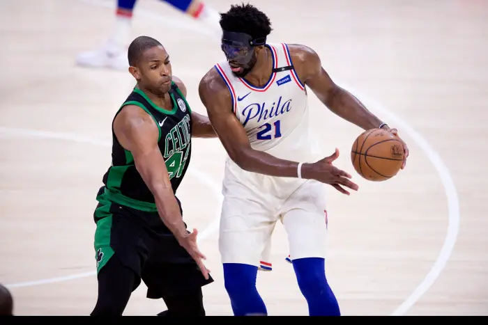 Boston Celtics Center Al Horford (42) guards Philadelphia 76ers Center Joel Embiid (21) in OT during the Eastern Conference Semifinal Game between the Boston Celtics and Philadelphia 76ers on May 05, 2018 at Wells Fargo Center in Philadelphia, PA.  (Photo by Kyle Ross/Icon Sportswire)