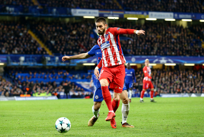 Yannick Ferreira Carrasco of Atletico Madrid wins the ball during the UEFA Champions League Group C match between Chelsea and Atletico Madrid at Stamford Bridge on December 5th 2017 in London, England.