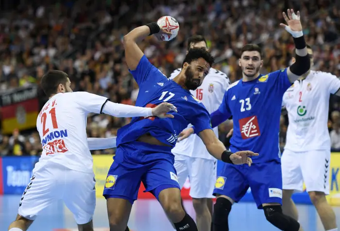 IHF Handball World Championship - Germany & Denmark 2019 - Group A - France v Serbia - Mercedes-Benz Arena, Berlin, Germany - January 12, 2019  France's Timothey N'Guessan in action