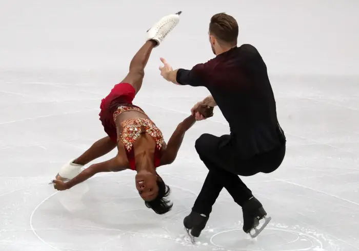 MINSK, BELARUS - JANUARY 23, 2019: Figure skaters Vanessa James (L) and Morgan Cipres of France perform during the pairs' short programme event at the 2019 ISU European Figure Skating Championships at Minsk Arena.