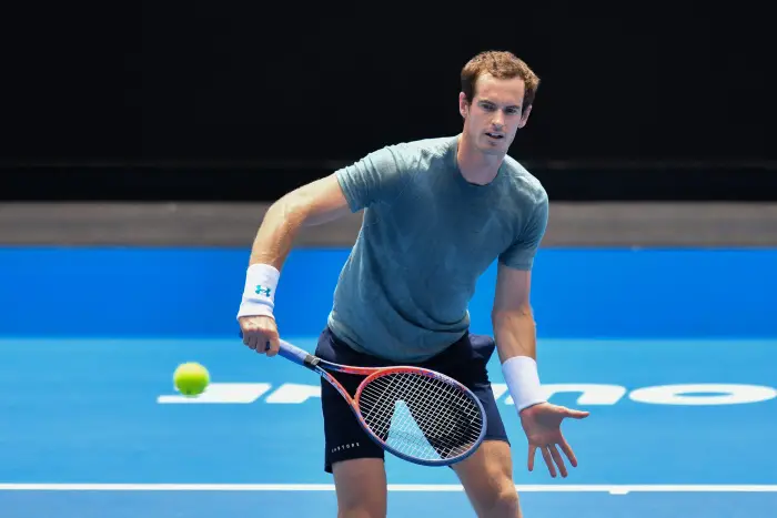 January 10, 2019: Andy Murray in action in a practice match against number one seed Novak Djokovic on Margaret Court Arena ahead of the 2019 Australian Open Grand Slam tennis tournament in Melbourne, Australia. Sydney