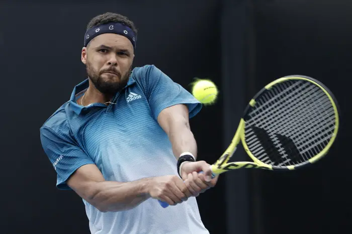 France's Jo-Wilfried Tsonga in action during the match against Slovakia's Martin Klizan. REUTERS/Aly Song