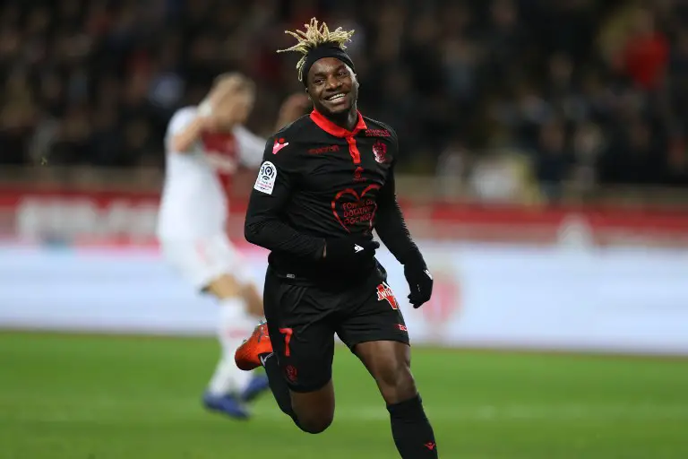 Nice's French forward Allan Saint-Maximin celebrates after scoring during the French L1 football match between AS Monaco and OGC Nice at the "Louis II Stadium" in Monaco on January 16, 2019. (Photo by VALERY HACHE / AFP)