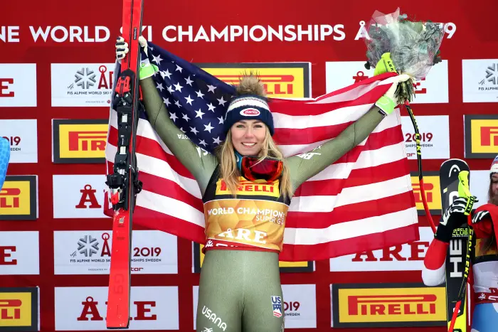 ARE,SWEDEN,05.FEB.19 - ALPINE SKIING - FIS Alpine World Ski Championships, Super G, ladies, flower ceremony. Image shows Mikaela Shiffrin (USA).