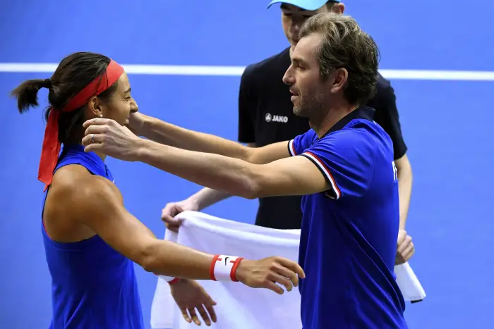 LIEGE, BELGIUM - FEBRUARY 10 : Julien BENNETEAU captain of France, Elise MERTENS (BEL) vs Caroline GARCIA (FRA) pictured during the World Group First Round Fed Cup Game between Belgium and France on February 10, 2019 in Liege, Belgium, 10/02/2019
