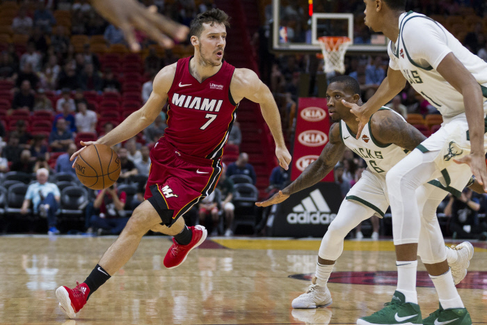 January 14, 2018 - Miami, FL, USA - Miami Heat guard Goran Dragic (7) drives the ball down the court in the first quarter against the Milwaukee Bucks on Sunday, Jan. 14, 2018 at the AmericanAirlines Arena in Miami, Fla.