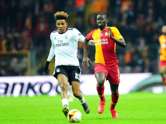 Badou Ndiaye (R) of Galatasaray and Gedson Fernandes (L) of Benfica during the UEFA Europa League match between Galatasaray and Benfica at Turk Telekom Arena Stadium in Istanbul  , Turkey on February 14 , 2019.