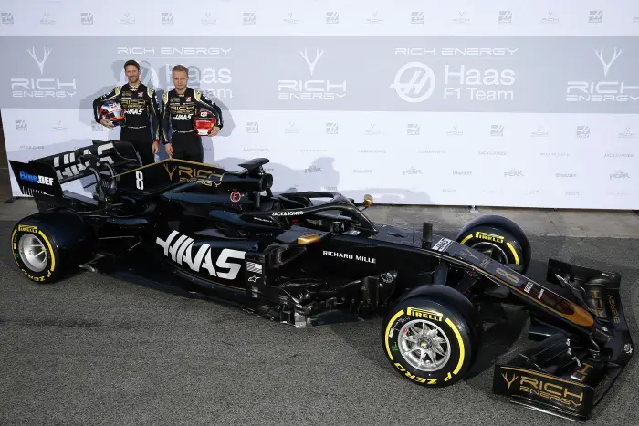 CIRCUIT DE BARCELONA-CATALUNYA, SPAIN - FEBRUARY 18: Romain Grosjean, Haas F1 Team and Kevin Magnussen, Haas F1 Team with the Haas VF-19 during the Pre-season Test at Circuit de Barcelona-Catalunya on February 18, 2019 in Circuit de Barcelona-Catalunya, Spain.