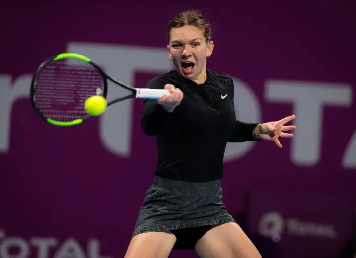 February 14, 2019 - Doha, QATAR - Simona Halep of Romania celebrates winning her quarter-final match at the 2019 Qatar Total Open WTA Premier tennis tournament