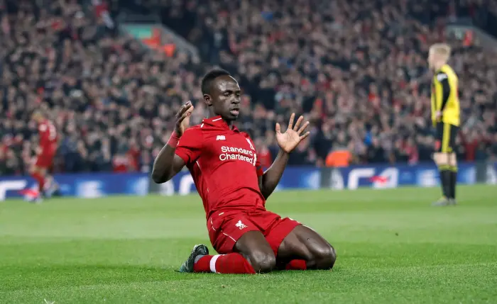 Soccer Football - Premier League - Liverpool v Watford - Anfield, Liverpool, Britain - February 27, 2019  Liverpool's Sadio Mane celebrates scoring their first goal