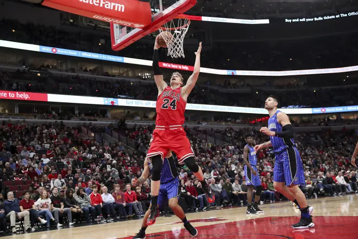 January 2, 2019 - Chicago, IL, USA - The Chicago Bulls' Lauri Markkanen (24) grabs a rebound during the first half against the Orlando Magic at the United Center in Chicago on Wednesday Jan. 2, 2019. The Magic won, 112-84.