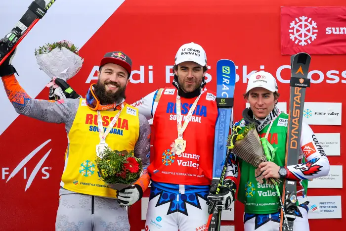 SUNNY VALLEY,RUSSIA,23.FEB.19 - FREESTYLE SKIING - FIS World Cup, Ski Cross, award ceremony. Image shows Filip Flisar (SLO), Bastien Midol (FRA) and Jean Frederic Chapuis (FRA).