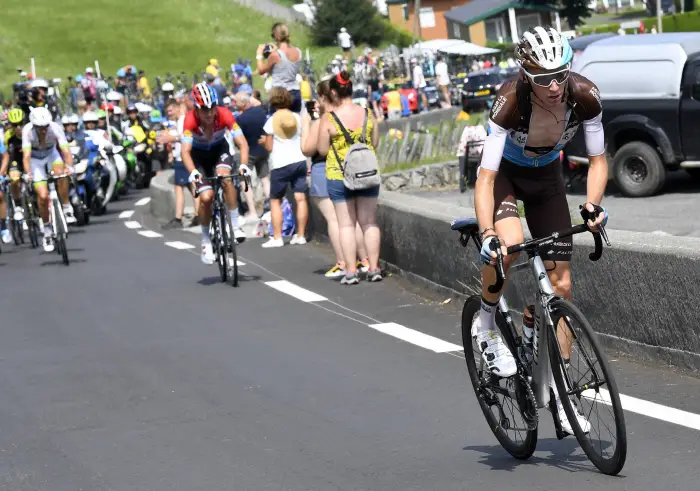 LARUNS, FRANCE - JULY 27 : BARDET Romain (FRA) of AG2R La Mondiale, JUNGELS Bob (LUX) of Quick - Step Floors during stage 19 of the 105th edition of the 2018 Tour de France cycling race, a stage of 200,5 kms between Lourdes and Laruns on July 27, 2018 in Laruns, France, 27/07/18