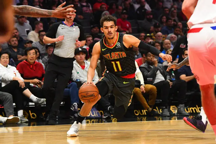 LOS ANGELES, CA - JANUARY 28: Atlanta Hawks Guard Trae Young (11) drives to the basket during a NBA game between the Atlanta Hawks and the Los Angeles Clippers on January 28, 2019 at STAPLES Center in Los Angeles, CA.