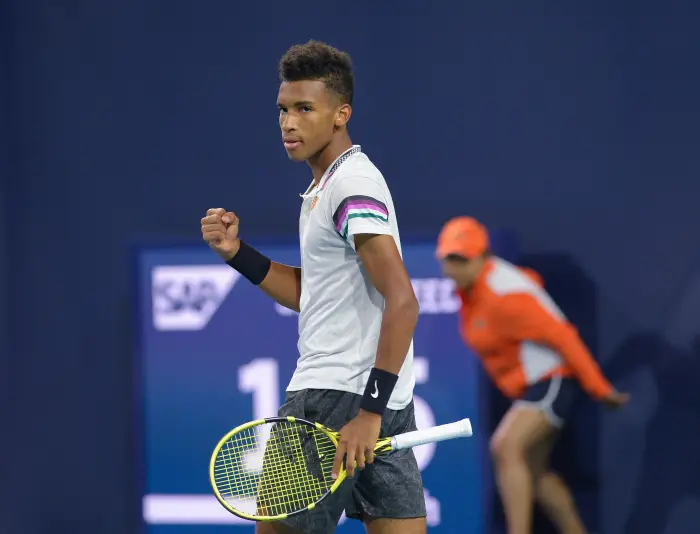 March 27, 2019 - Miami Gardens, Florida, United States - March, 27 - Miami Gardens: Felix Auger-Aliassime(CAN) takes the first set 76(3) against Hubert Hurkacz(POL) during the 2019 Miami Open at the Hard Rock Stadium in Miami Gardens, FL.