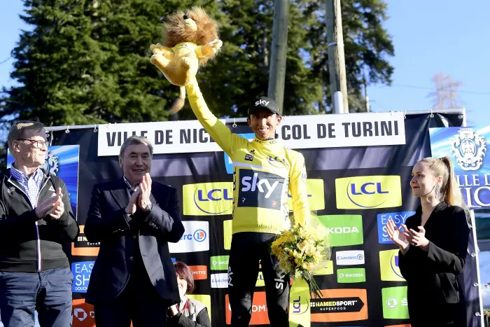 BERNAL GOMEZ Egan Arley (COL) of TEAM SKY pictured with the yellow jersey during stage 7 of the 2019 Paris - Nice cycling race with start in Nice and finish in Col de Turini  on March 16, 2019 in Col De Turini, France,