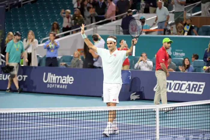 March 28, 2019 - Miami Gardens, Florida, United States Of America - MIAMI GARDENS, FLORIDA - MARCH 28: Roger Federer of Switzerland defeats Kevin Anderson of South Africa during day eleven of the Miami Open tennis on March 28, 2019 in Miami Gardens, Florida...People: Roger Federer.