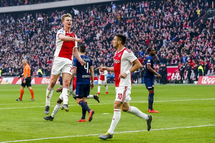 AMSTERDAM , Netherlands , 31-03-2019 , Johan CruyffArena , Football , Season 2018/2019 , Dutch Eredivisie , Ajax - PSV , Ajax player Frenkie de Jong celebrating the goal