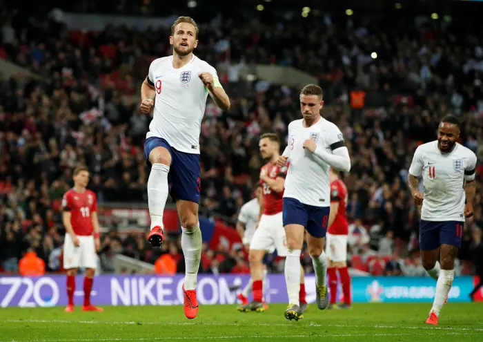 England's Harry Kane celebrates scoring their second goal from the penalty spot