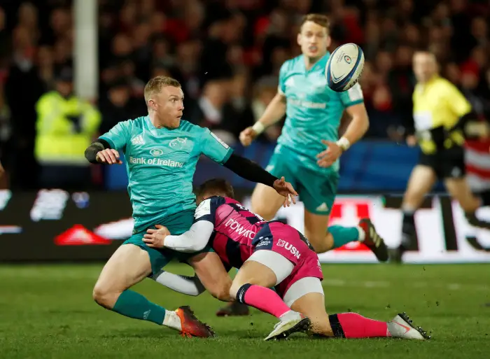 Rugby Union -  European Rugby Champions Cup - Gloucester Rugby v Munster - Kingsholm Stadium, Gloucester, Britain - January 11, 2019   Ben Vellacott of Gloucester Rugby in action with Keith Earls of Munster