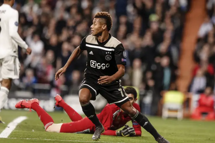 David Neres (AFC Ajax Amsterdam)  celebrates his goal which made it (0,2)   UCL Champions League match between Real Madrid vs AFC Ajax Amsterdam at the Santiago Bernabeu stadium in Madrid, Spain, March 5, 2019 .