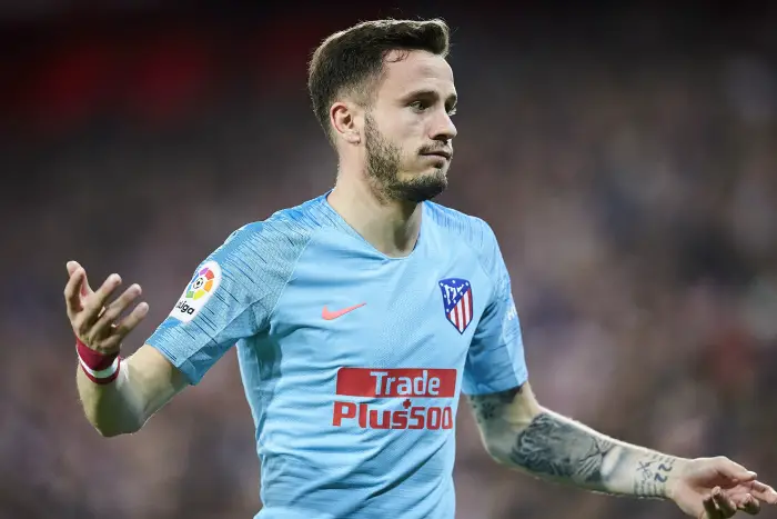 Bilbao, northern Spain, Saturday, March, 16, 2019. Saul Niguez  reacts during the Spanish La Liga soccer match between Athletic Club Bilbao and Atletico de Madrid at San Mames stadium.