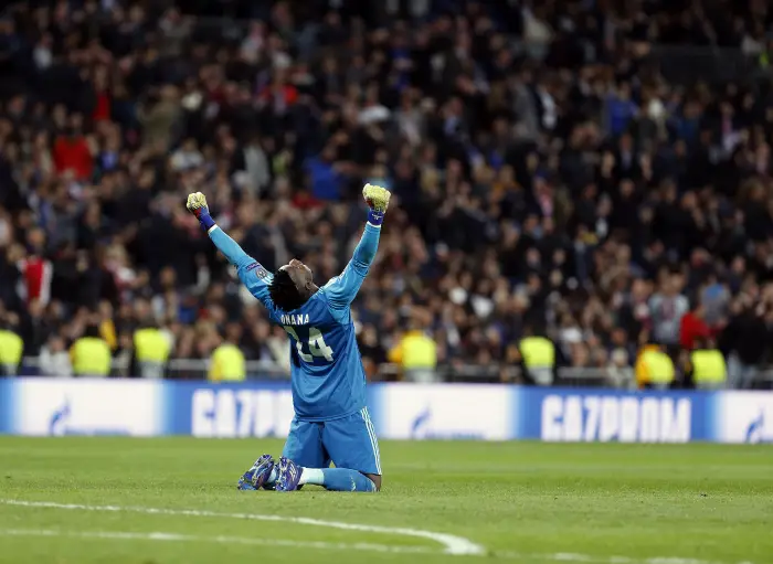 AFC Ajax's Andre Onana  during UEFA Champions League match, Round of 16, 2nd leg between Real Madrid and AFC Ajax at Santiago Bernabeu Stadium in Madrid, Spain. March 05, 2019.