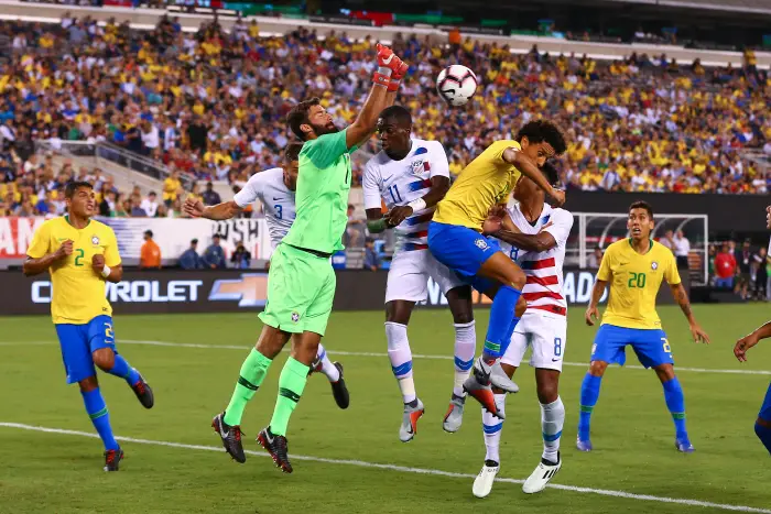 EAST RUTHERFORD, NJ - SEPTEMBER 07:  Brazil goalkeeper Alisson Becker (1) makes a save during  the second half of the International Friendly Soccer match between the the United States and Brazil on September 7, 2018 at MetLife Stadium in East Rutherford, NJ.