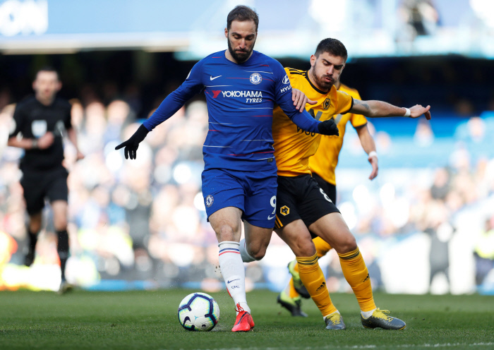 Soccer Football - Premier League - Chelsea v Wolverhampton Wanderers - Stamford Bridge, London, Britain - March 10, 2019  Chelsea's Gonzalo Higuain in action with Wolverhampton Wanderers' Ruben Neves