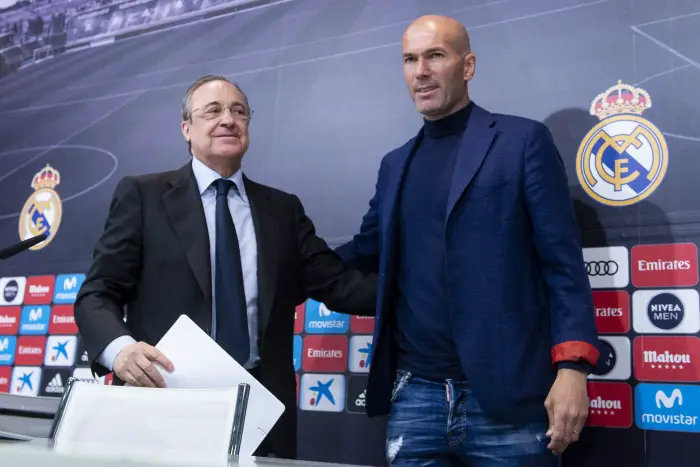 Real Madrid president Florentino Perez and coach Zinedine Zidane during press conference to announce he leave the Real Madrid in Madrid, Spain. May 31, 2018