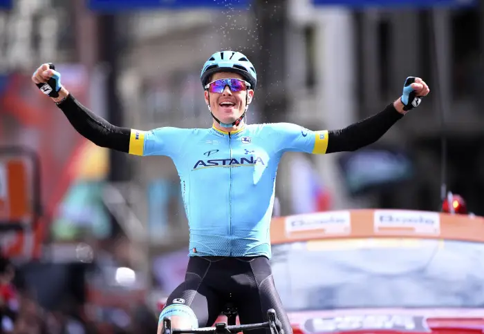 FUGLSANG Jakob (DEN) of ASTANA PRO TEAM celebrates during the 105th UCI World Tour Liege - Bastogne - Liege cycling race with start and finish in Liege on April 28, 2019 in Liege, Belgium, 28/04/2019