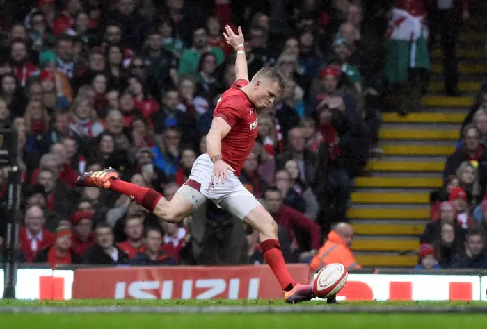 Six Nations Championship - Wales v Ireland - Principality Stadium, Cardiff, Britain - March 16, 2019  Wales' Gareth Anscombe kicks a penalty