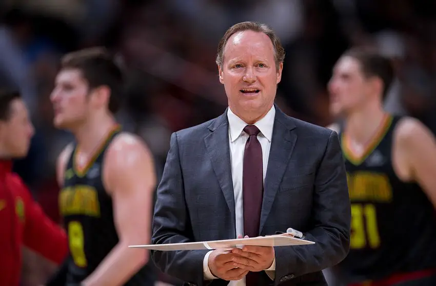 MIAMI, FL - OCTOBER 23: Mike Budenholzer of the Atlanta Hawks during the game against the Miami Heat at the American Airlines Arena on October 23, 2017 in Miami, Florida. NOTE TO USER: User expressly acknowledges and agrees that, by downloading and or using this photograph, User is consenting to the terms and conditions of the Getty Images License Agreement. (Photo by Rob Foldy/Getty Images)