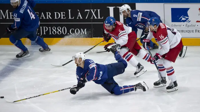 L-R Pierre-Edouard Bellemare and  Antonin Manavian both of France, Czech Michal Kempny, French Damien Fleury and Czech Michal Birner  in action