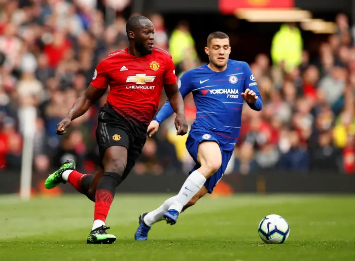 Chelsea's Mateo Kovacic in action with Manchester United's Romelu Lukaku