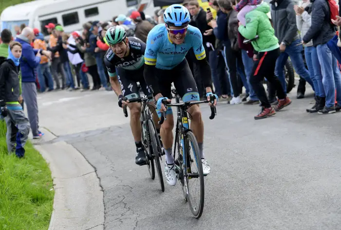 FUGLSANG Jakob (DEN) of ASTANA PRO TEAM, FORMOLO Davide (ITA) of BORA - HANSGROHE  during the 105th UCI World Tour Liege - Bastogne - Liege cycling race with start and finish in Liege on April 28, 2019 in Liege, Belgium, 28/04/2019