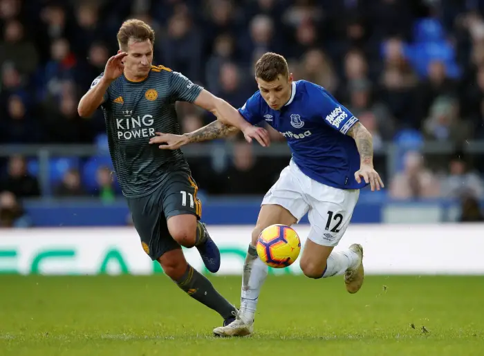 Soccer Football -  Premier League - Everton v Leicester City - Goodison Park, Liverpool, Britain - January 1, 2019  Leicester City's Marc Albrighton in action with Everton's Lucas Digne