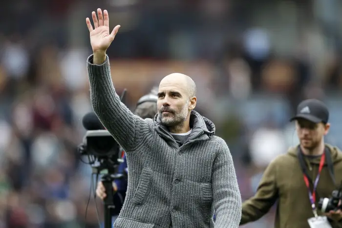 Manchester City Manager Pep Guardiola celebrates after the Premier League match between Burnley and Manchester City at Turf Moor on April 28th 2019 in Burnley, England.