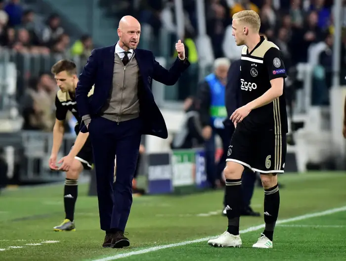 Ajax coach Erik ten Hag and Ajax's Donny van de Beek during the match