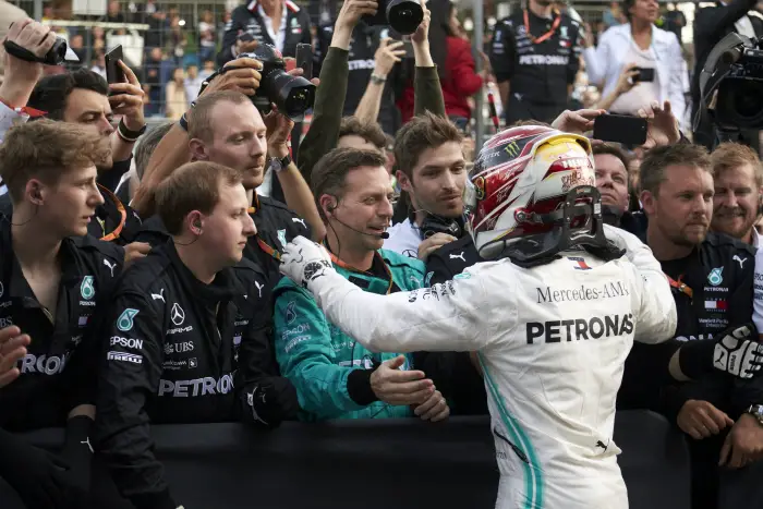 Lewis Hamilton, Mercedes AMG F1, 2nd position, celebrates with his team in Parc Ferme