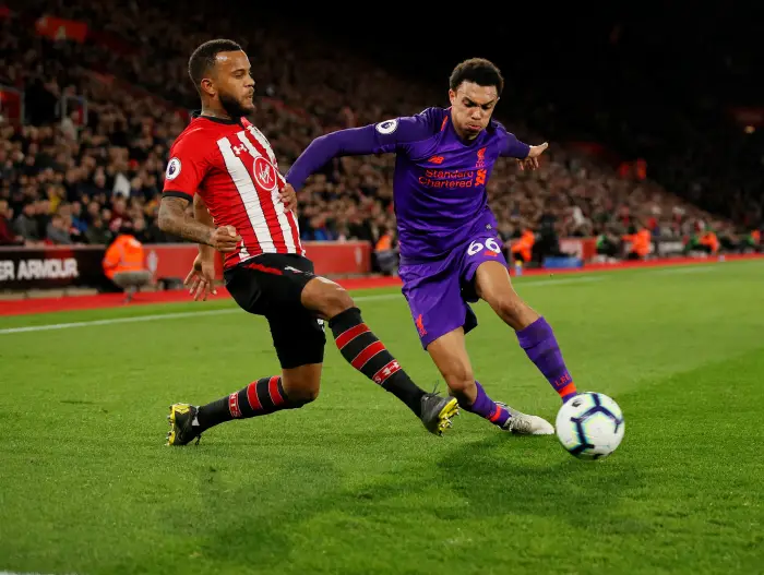 Liverpool's Trent Alexander-Arnold in action with Southampton's Ryan Bertrand
