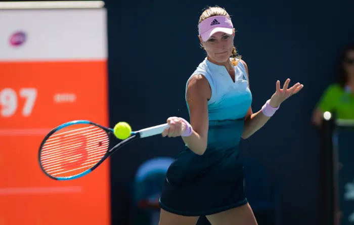 March 21, 2019 - Miami, FLORIDA, USA - Kristina Mladenovic of France in action during the first round at the 2019 Miami Open WTA Premier Mandatory tennis tournament.