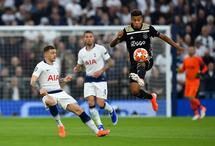 Soccer Football - Champions League Semi Final First Leg - Tottenham Hotspur v Ajax Amsterdam - Tottenham Hotspur Stadium, London, Britain - April 30, 2019  Ajax's David Neres in action with Tottenham's Kieran Trippier