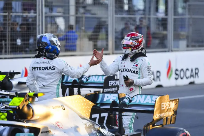 Pole man Valtteri Bottas, Mercedes AMG F1, and Lewis Hamilton, Mercedes AMG F1, congratulate each other after Qualifying