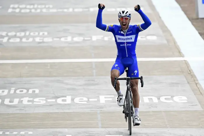 GILBERT Philippe (BEL) of DECEUNINCK - QUICK - STEP celebrates the win during the 117th UCI World Tour Paris - Roubaix cycling race with start in Compiegne and finish at the Velodrome Andre-Petrieux in Roubaix on April 14, 2019 in Roubaix, France, 14/04/2019