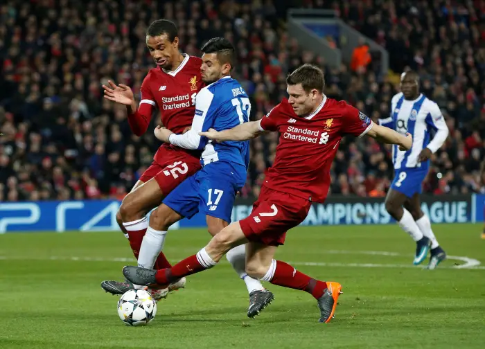 Soccer Football - Champions League Round of 16 Second Leg - Liverpool vs FC Porto - Anfield, Liverpool, Britain - March 6, 2018   Liverpool's James Milner and Joel Matip in action with Porto's Jesus Corona